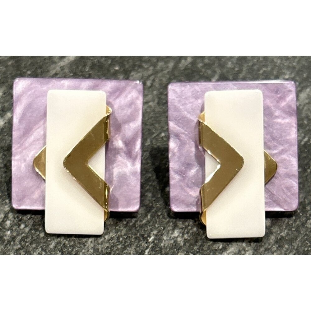 Vintage Modernist 80s Purple White Gold Tone Large Clip On Earrings